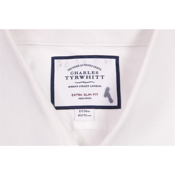 Charles Tyrwhitt White Non-Iron Herringbone Dress Shirt Extra Slim (43) 17-36 - Picture 6 of 7